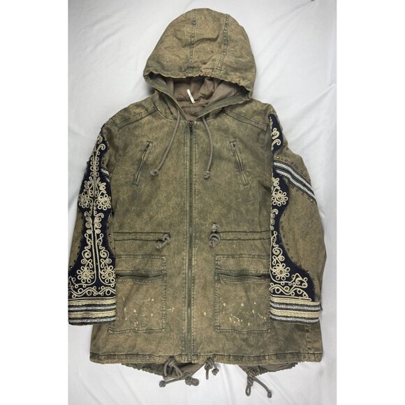 Free People Golden Quills Green Military Parka Embroidered Jacket Rare XS - Picture 3 of 9